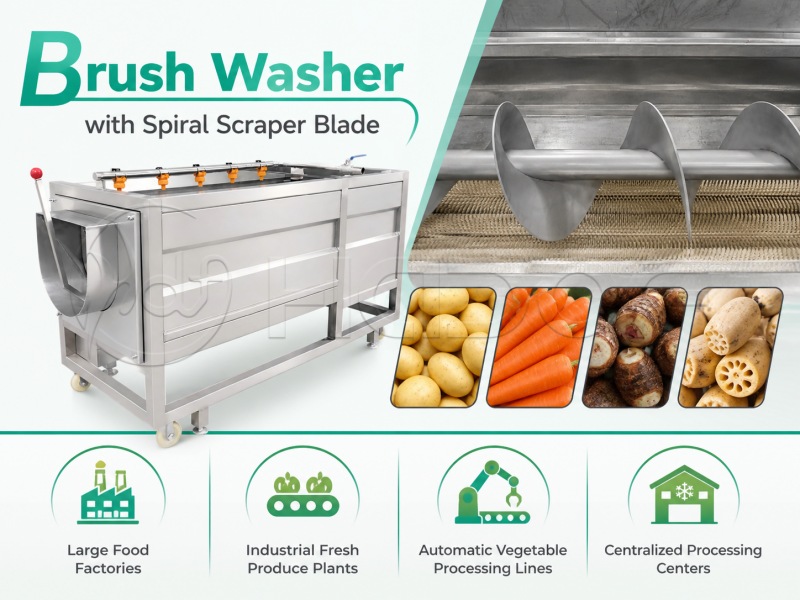Brush Washer with Spiral Scraper Blade